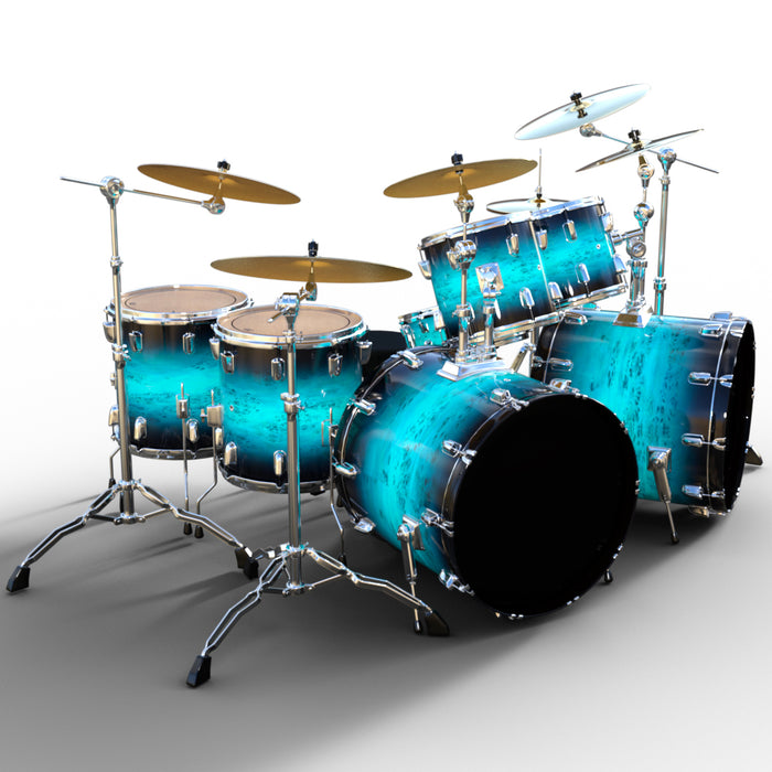 Mappa Burl Teal to Black Wood Grain Fade drum wrap shown on a full drum kit